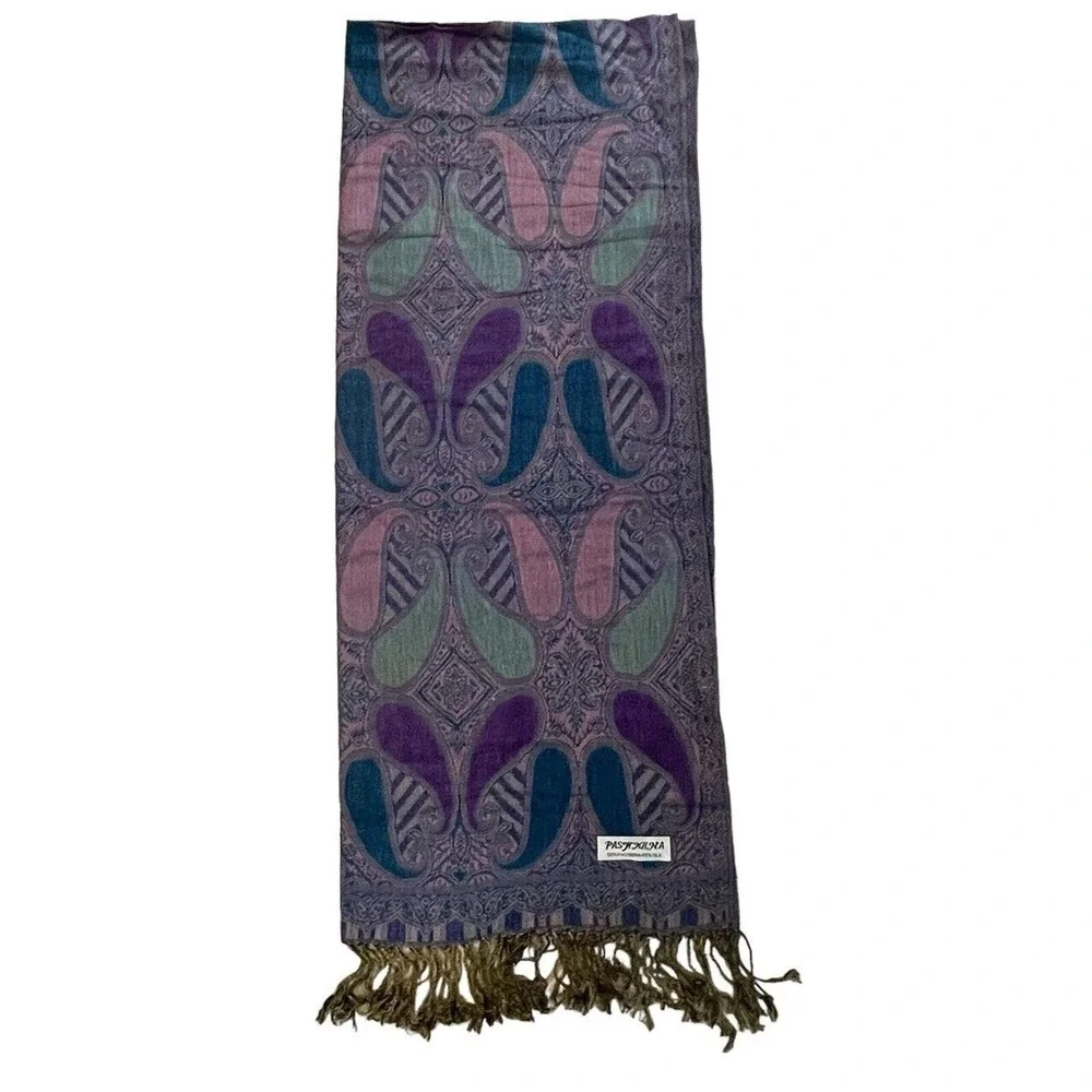 Pashmina Silk Paisley Shawl Scarf Wrap Womens Purple Teal Boho Chic Fringed